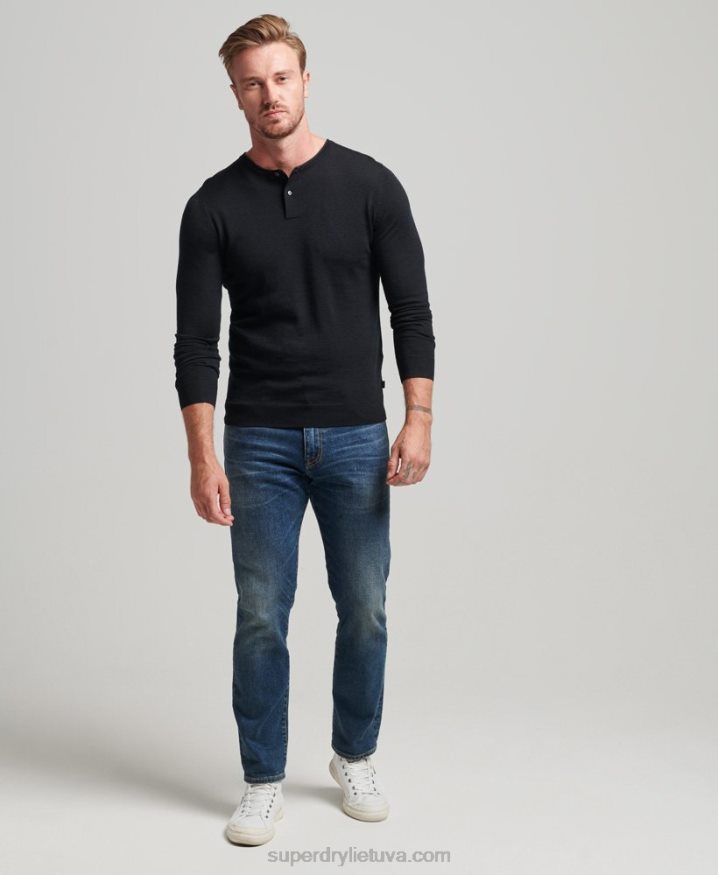 Superdry Merino Crew Neck Henley Knitted Top Black Men