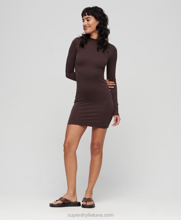 Superdry Mock Neck Jersey Mini Dress Brown Women