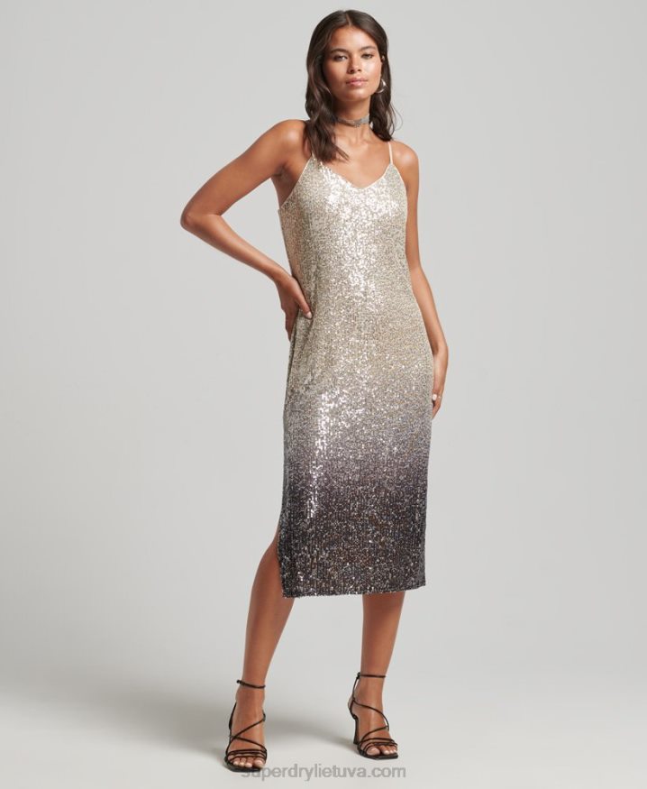 Superdry Ombre Sequin Slip Midi Dress Silver Women