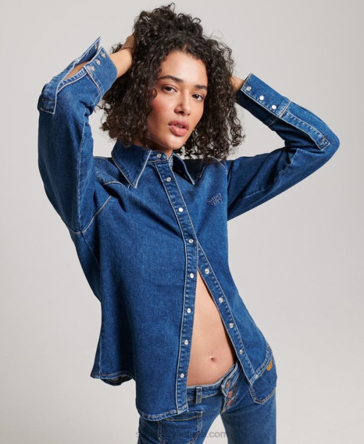 Superdry Organic Cotton Denim Western Shirt Dark Blue Women