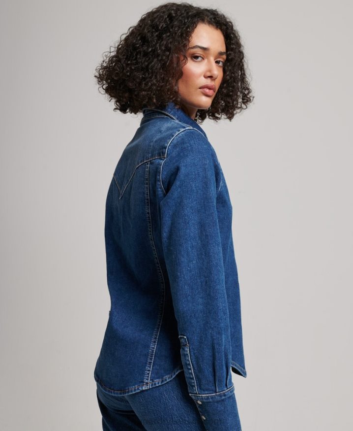 Superdry Organic Cotton Denim Western Shirt Dark Blue Women