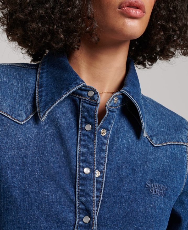 Superdry Organic Cotton Denim Western Shirt Dark Blue Women