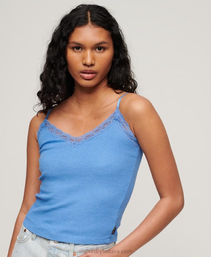 Superdry Organic Cotton Essential Rib Lace Cami Top Blue Women