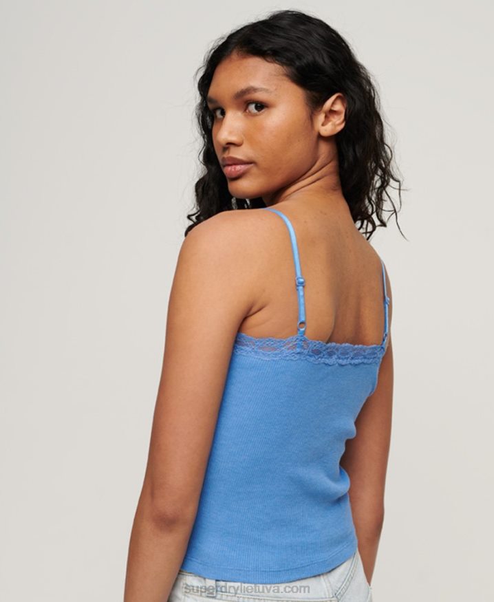 Superdry Organic Cotton Essential Rib Lace Cami Top Blue Women