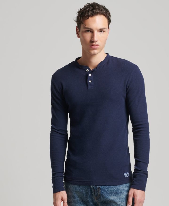 Superdry Organic Cotton Long Sleeve Waffle Henley Top Navy Men