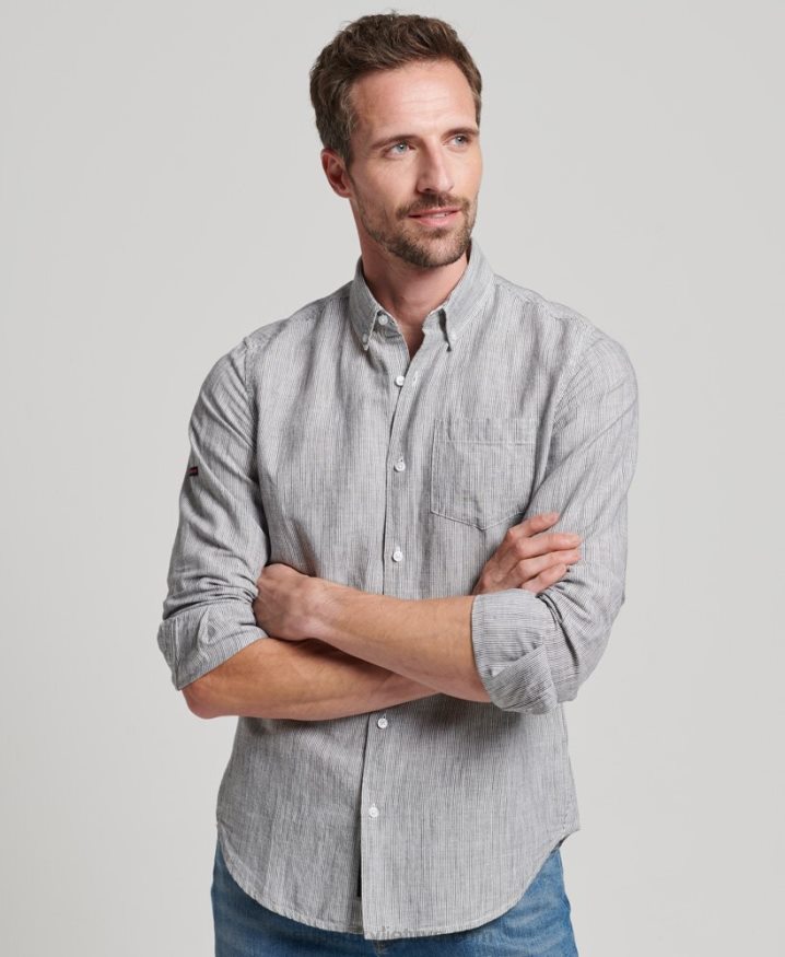 Superdry Organic Cotton Studios Linen Button Down Shirt Light Grey Men