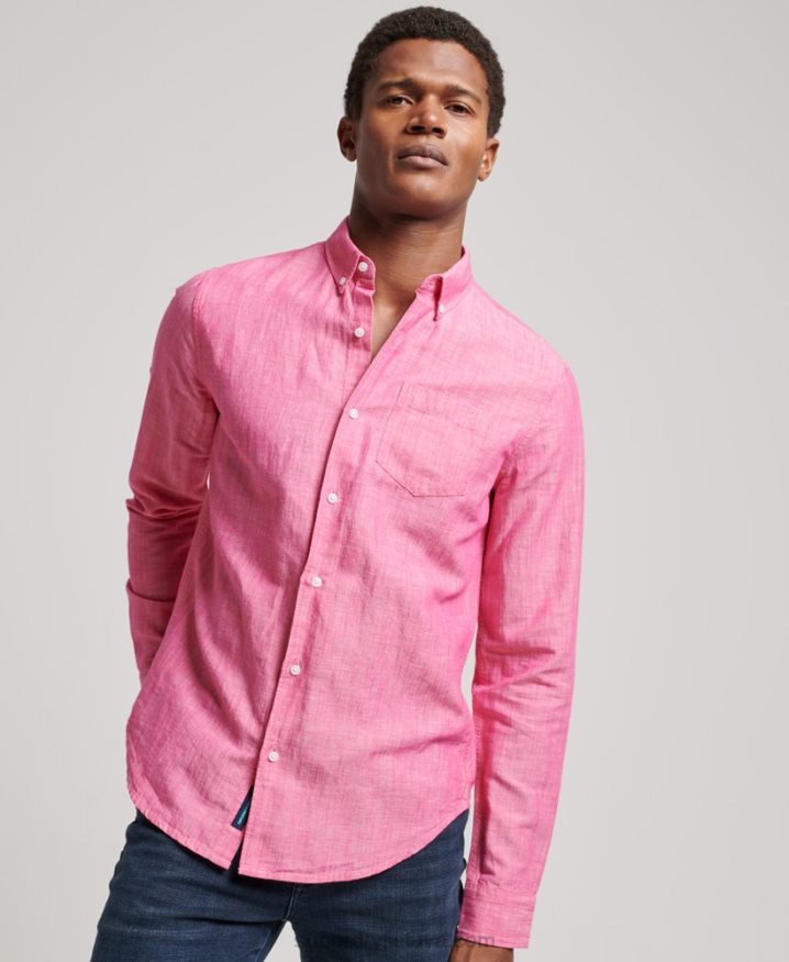 Superdry Organic Cotton Studios Linen Button Down Shirt Pink Men