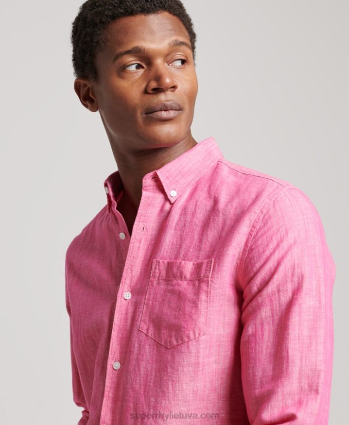 Superdry Organic Cotton Studios Linen Button Down Shirt Pink Men