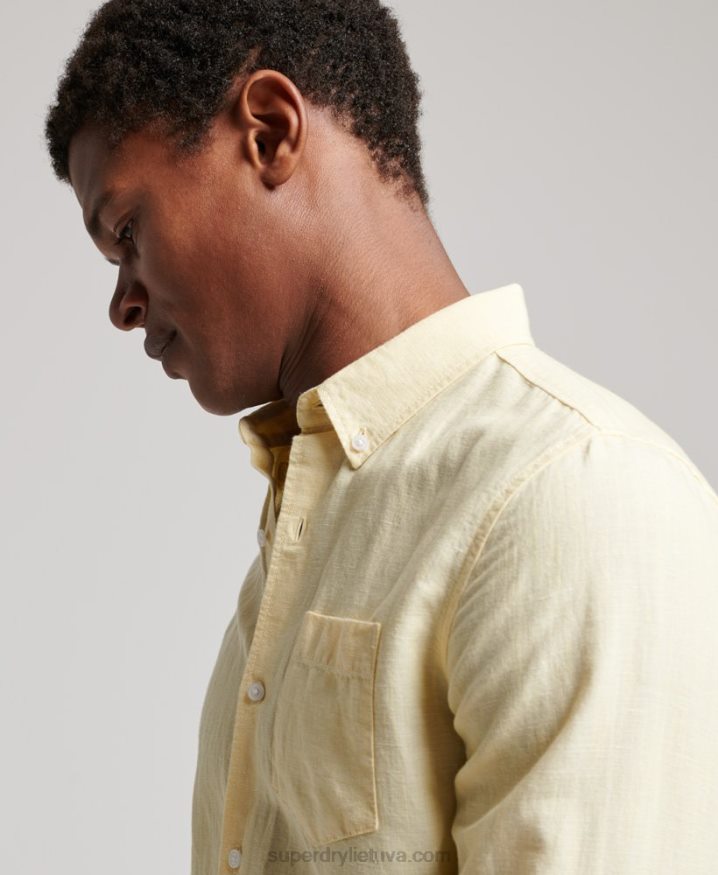 Superdry Organic Cotton Studios Linen Button Down Shirt Yellow Men