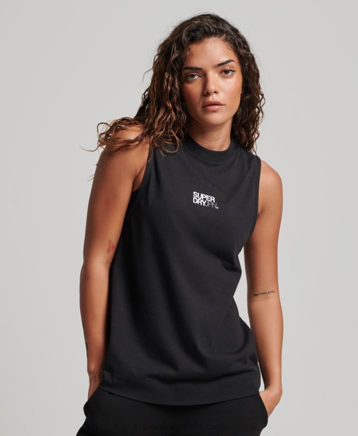 Superdry Organic Cotton Train Longline Mock Neck Tank Top Black Women