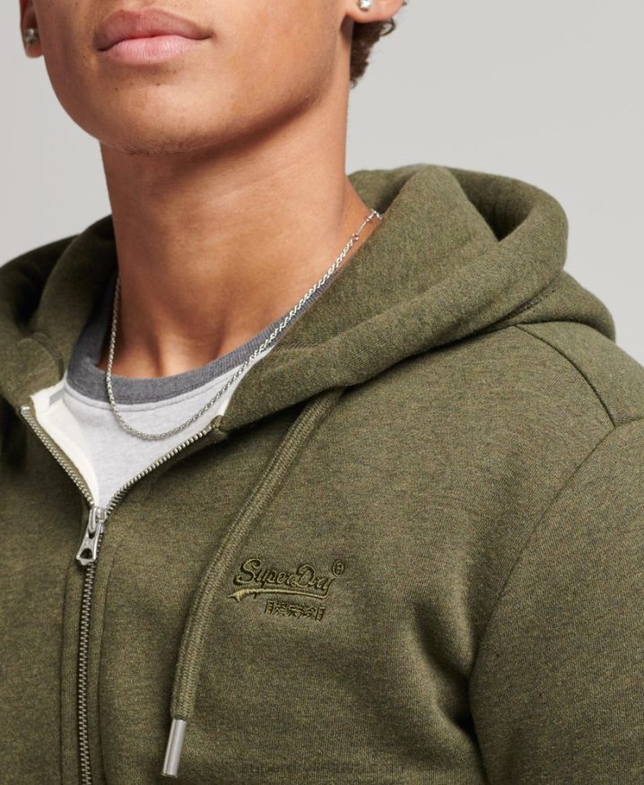 Superdry Organic Cotton Vintage Logo Embroidered Zip Hoodie Khaki Men