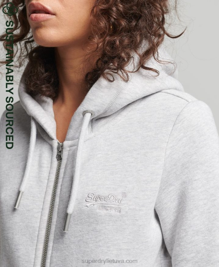 Superdry Organic Cotton Vintage Logo Embroidered Zip Hoodie Light Grey Women