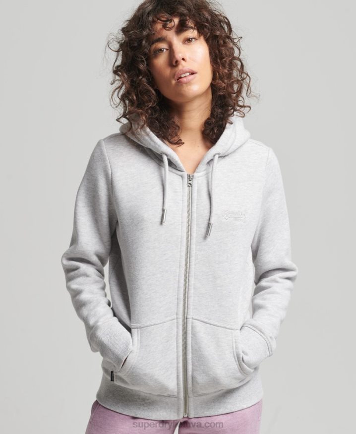 Superdry Organic Cotton Vintage Logo Embroidered Zip Hoodie Light Grey Women