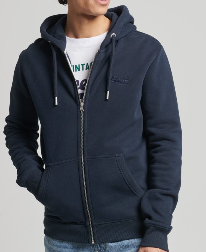 Superdry Organic Cotton Vintage Logo Embroidered Zip Hoodie Navy Men