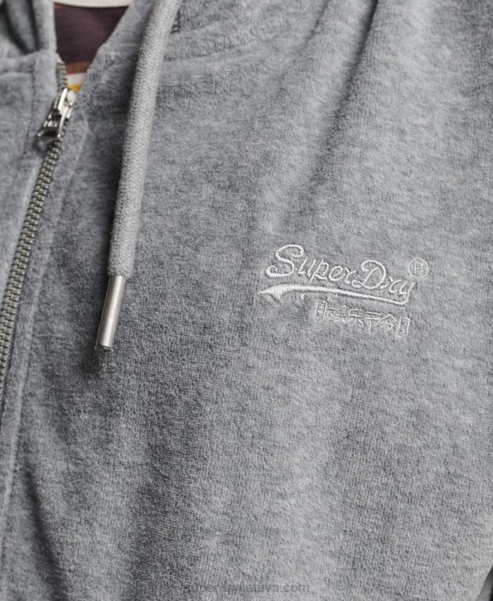 Superdry Organic Cotton Vintage Logo Velour Zip Hoodie Grey Women