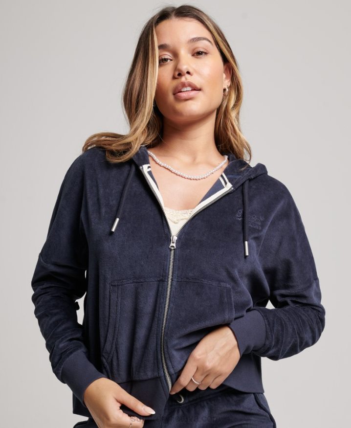 Superdry Organic Cotton Vintage Logo Velour Zip Hoodie Navy Women