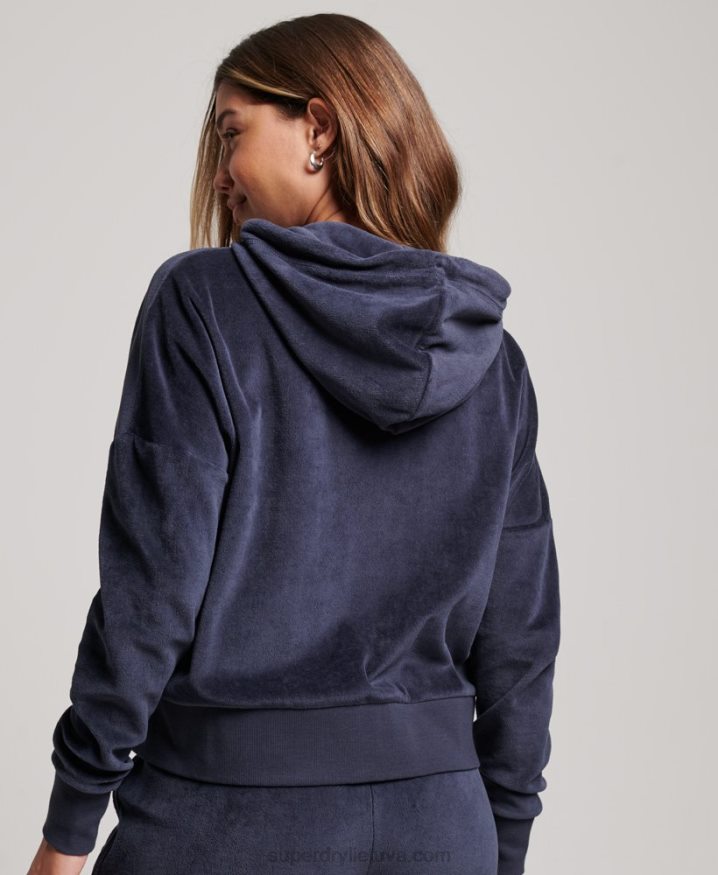 Superdry Organic Cotton Vintage Logo Velour Zip Hoodie Navy Women