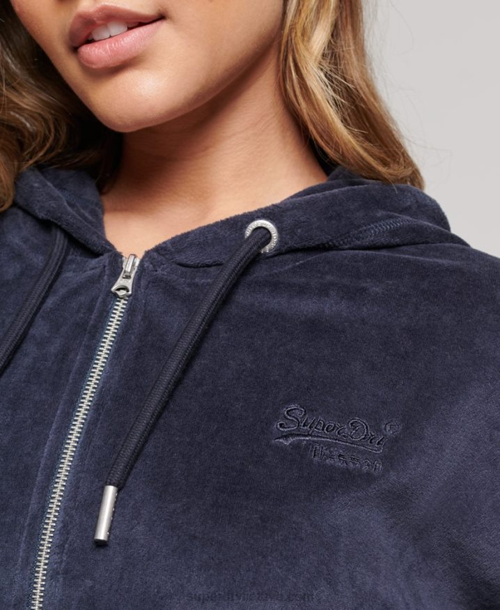 Superdry Organic Cotton Vintage Logo Velour Zip Hoodie Navy Women