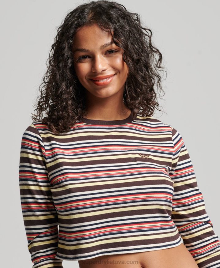 Superdry Organic Cotton Vintage Stripe Crop Long Sleeve Top Brown Women