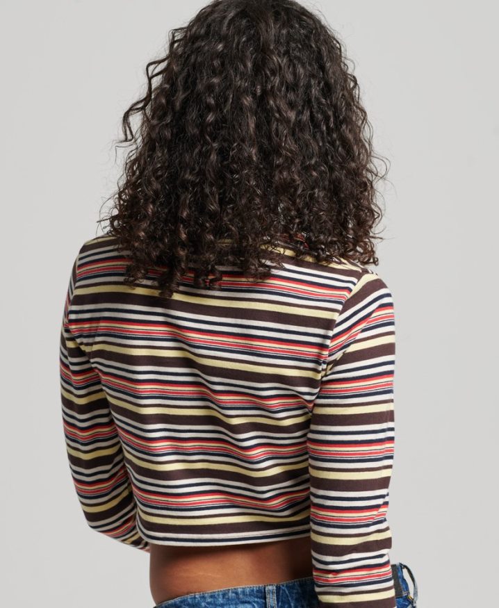 Superdry Organic Cotton Vintage Stripe Crop Long Sleeve Top Brown Women