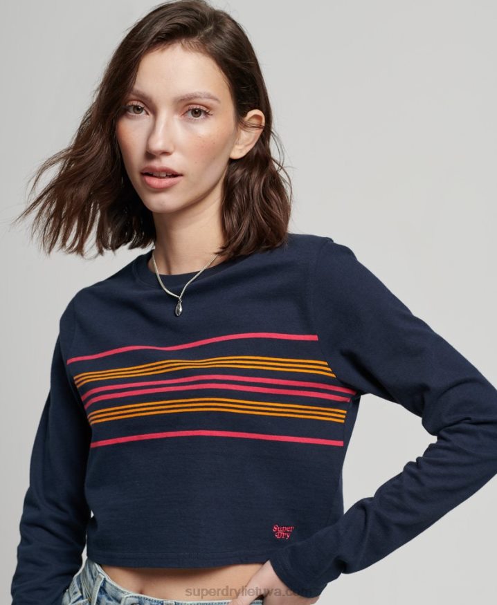 Superdry Organic Cotton Vintage Stripe Crop Long Sleeve Top Navy Women