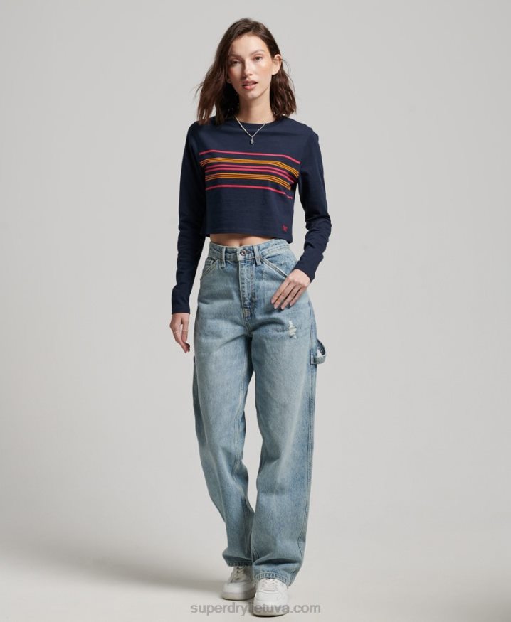 Superdry Organic Cotton Vintage Stripe Crop Long Sleeve Top Navy Women