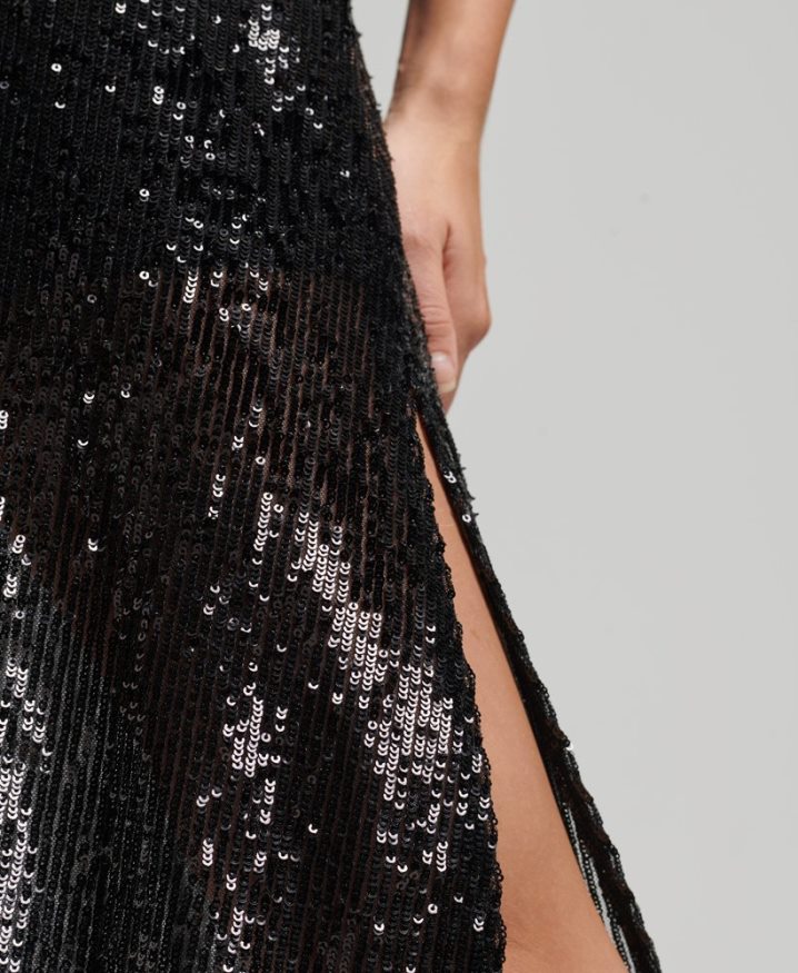 Superdry Plunge Sequin Midi Slip Dress Black Women