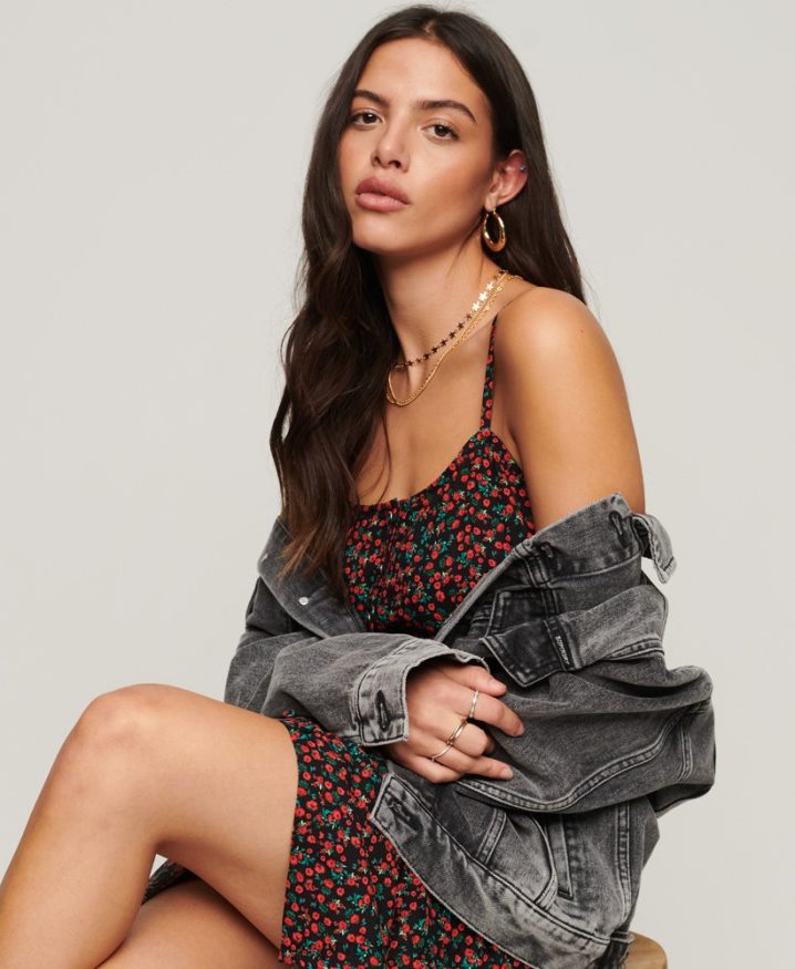 Superdry Print Button Cami Midi Dress Black Women