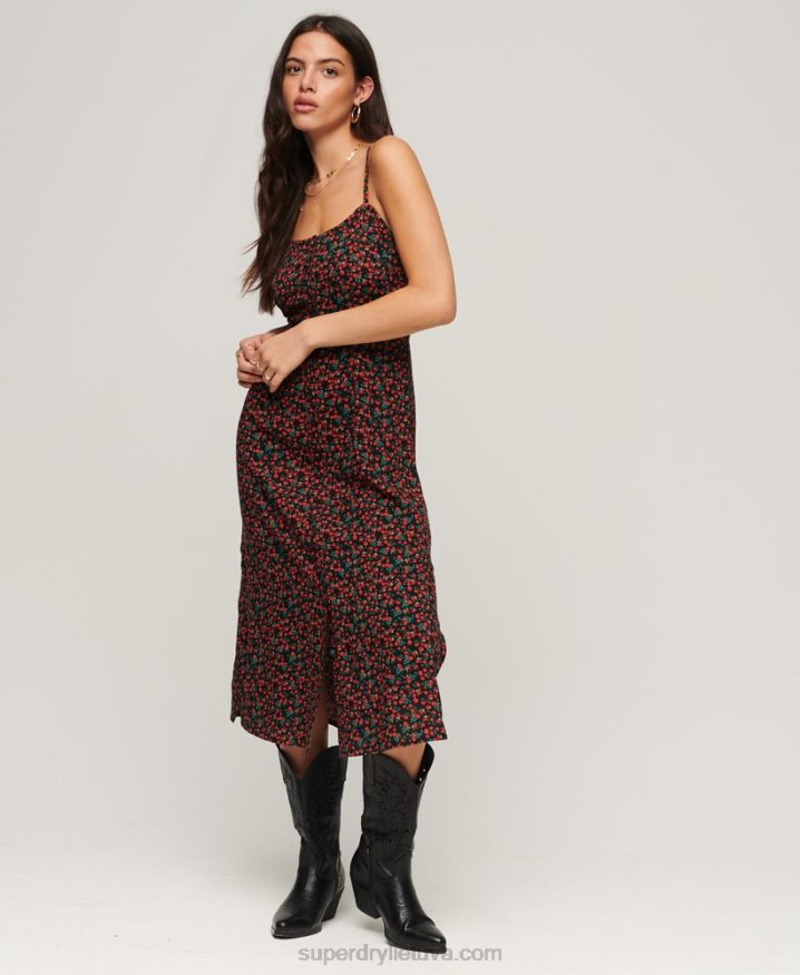 Superdry Print Button Cami Midi Dress Black Women