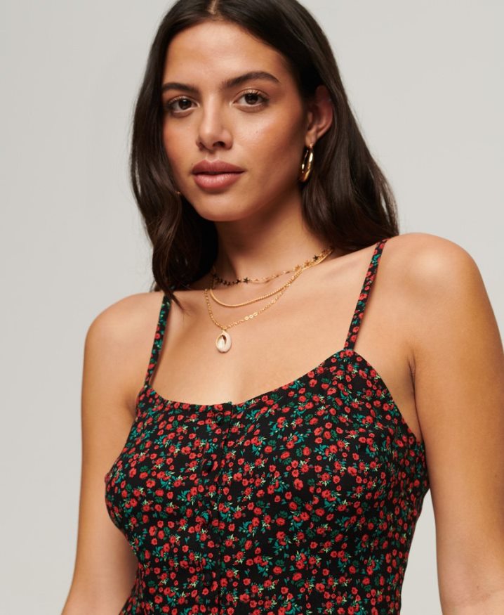 Superdry Print Button Cami Midi Dress Black Women