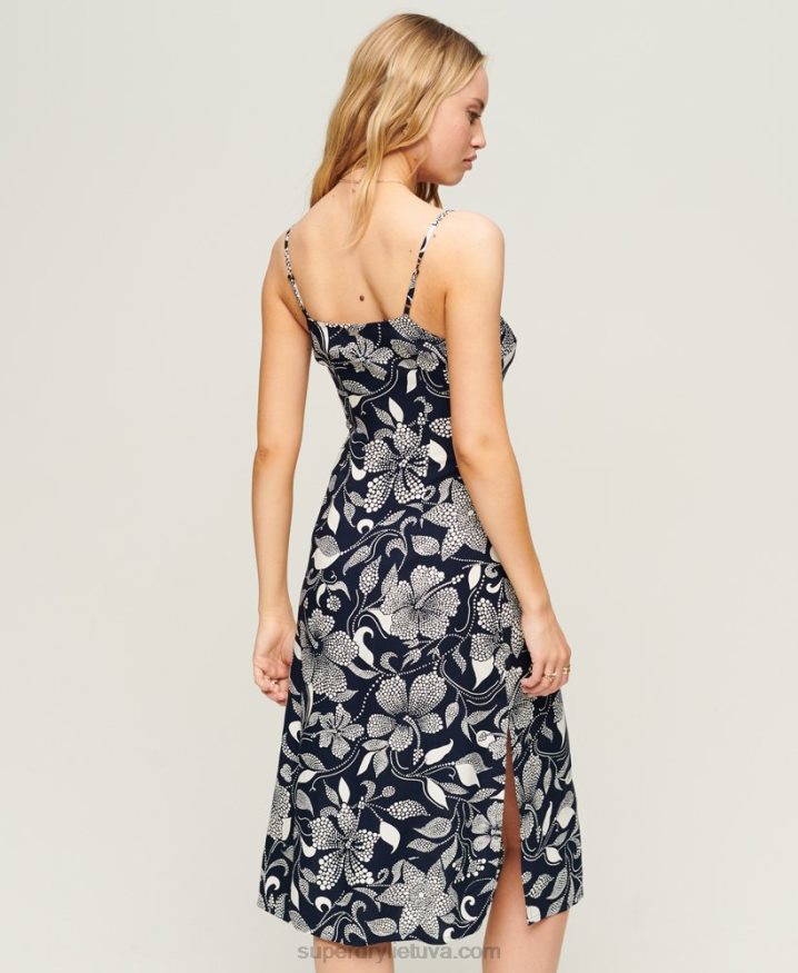 Superdry Print Button Cami Midi Dress Navy Women