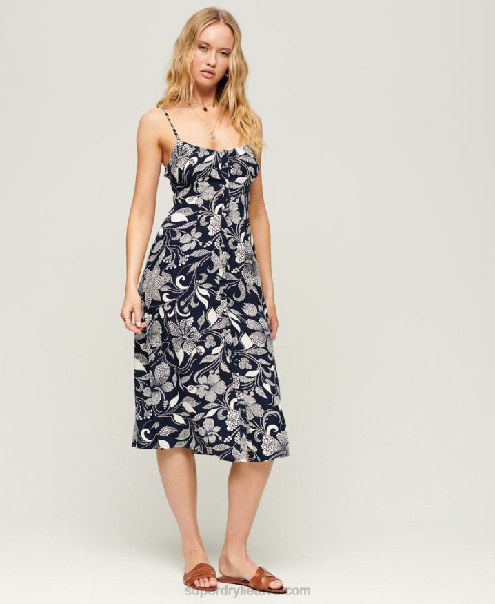 Superdry Print Button Cami Midi Dress Navy Women