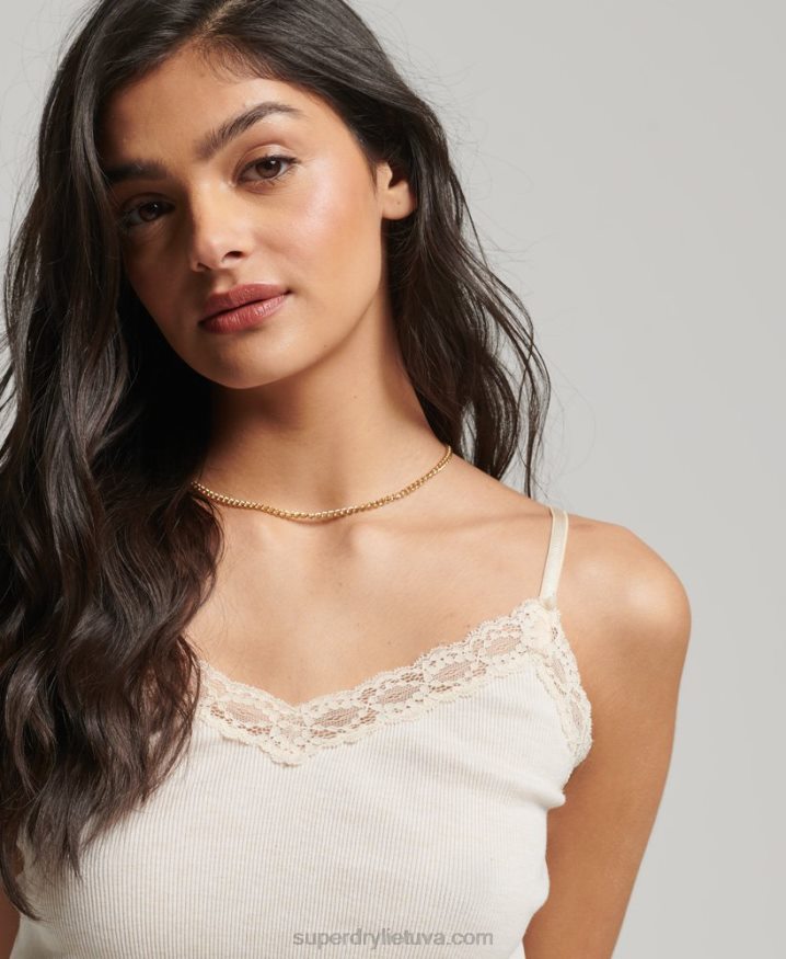 Superdry Rib Lace Trim Cami Top Beige Women