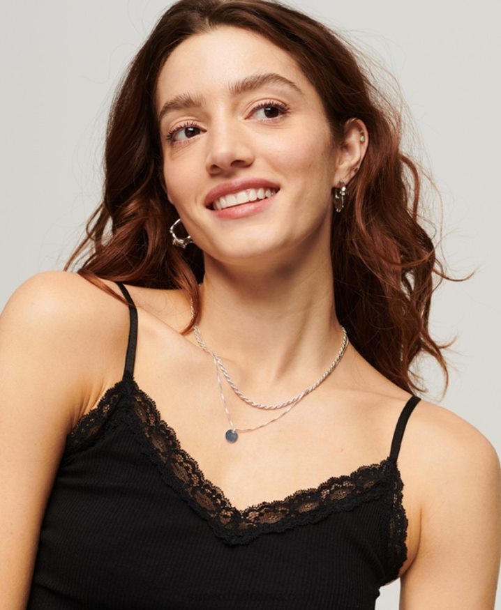 Superdry Rib Lace Trim Cami Top Black Women