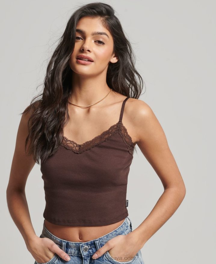 Superdry Rib Lace Trim Cami Top Brown Women