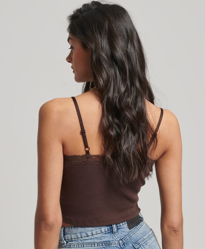 Superdry Rib Lace Trim Cami Top Brown Women