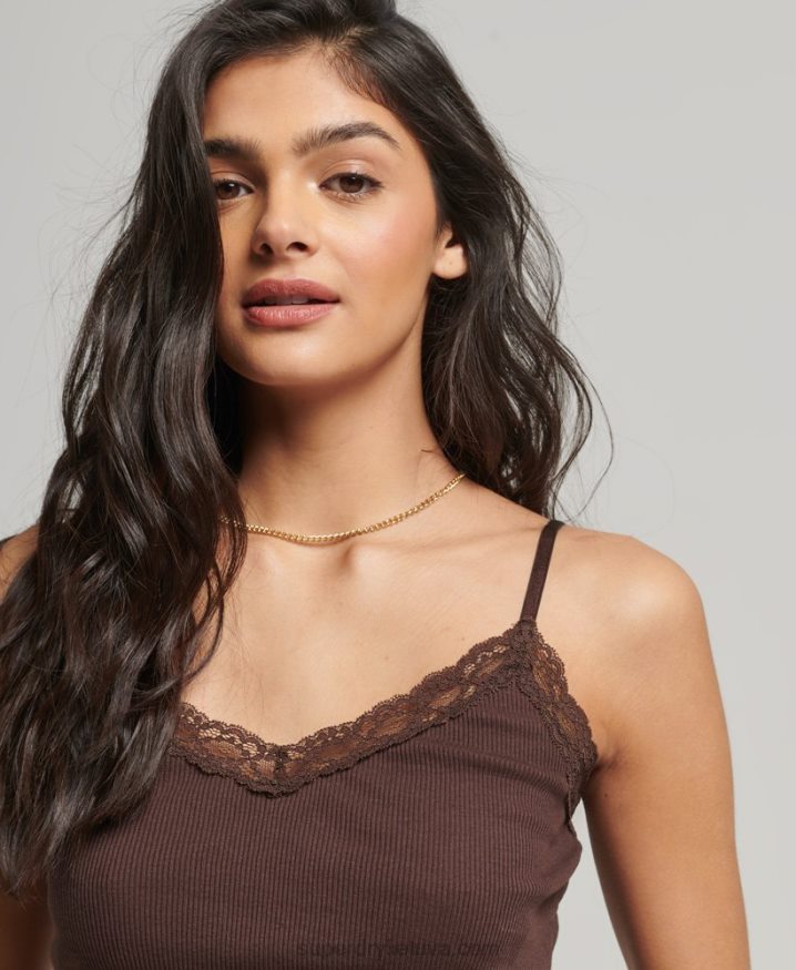 Superdry Rib Lace Trim Cami Top Brown Women