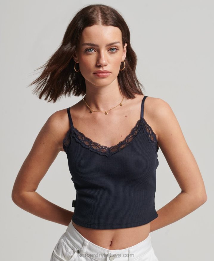 Superdry Rib Lace Trim Cami Top Navy Women