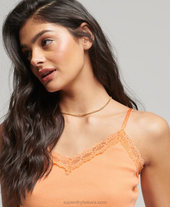 Superdry Rib Lace Trim Cami Top Orange Women