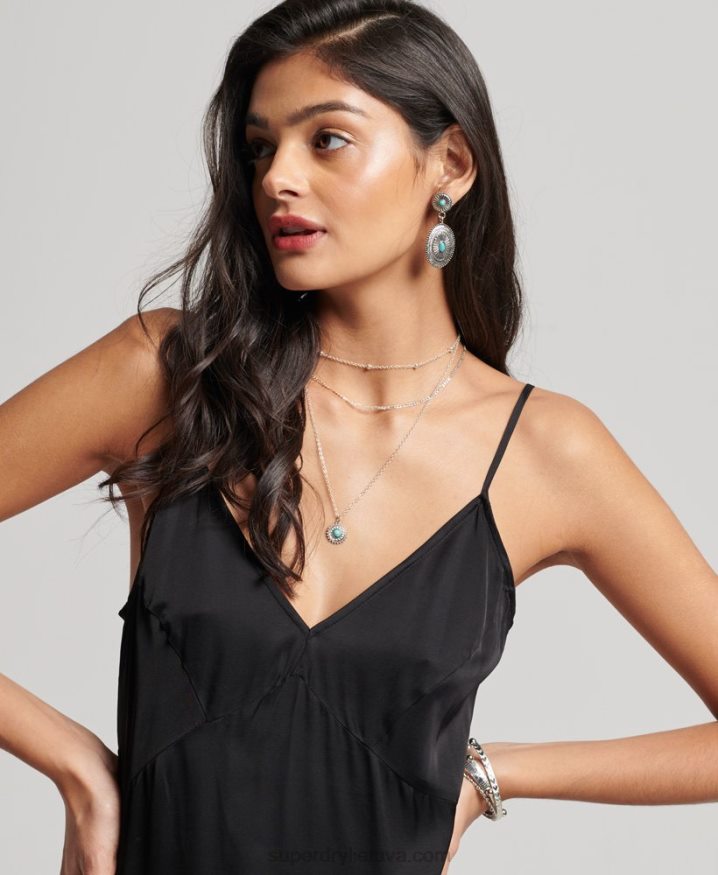 Superdry Satin Cami Midi Dress Black Women