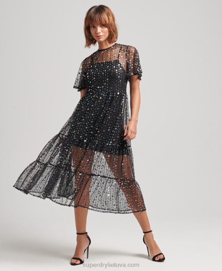 Superdry Sheer Sequin Woven Midi Dress Black Women