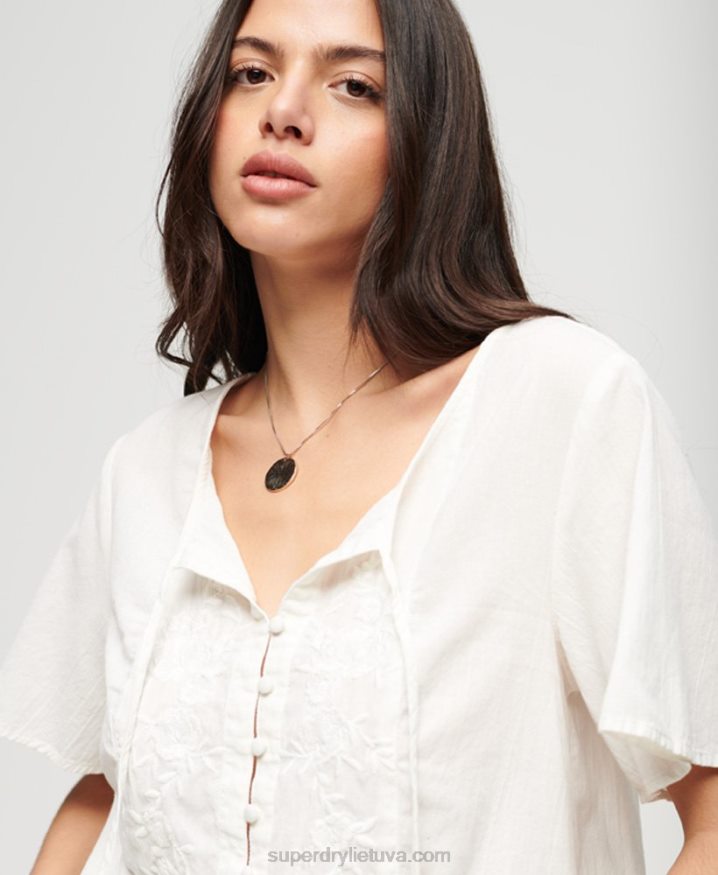 Superdry Short Sleeve Embroidered Button Top Cream Women