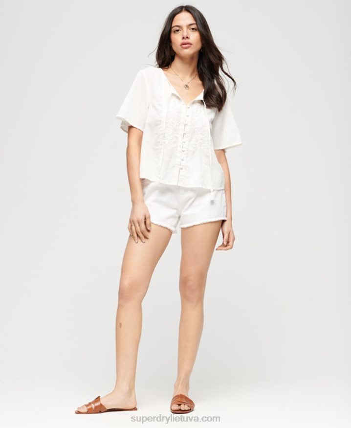 Superdry Short Sleeve Embroidered Button Top Cream Women