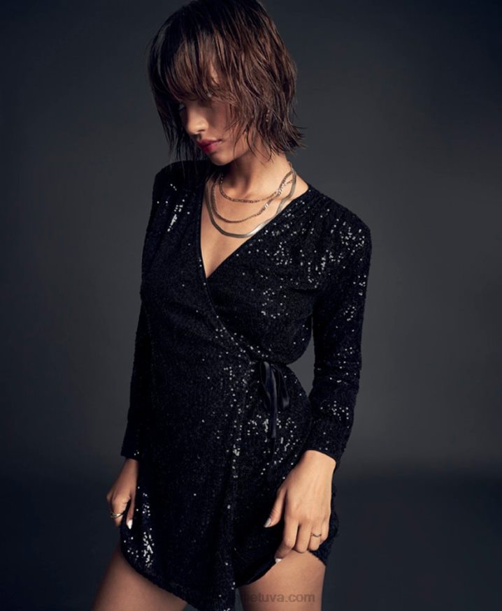 Superdry Sleeved Sequin Wrap Mini Dress Black Women