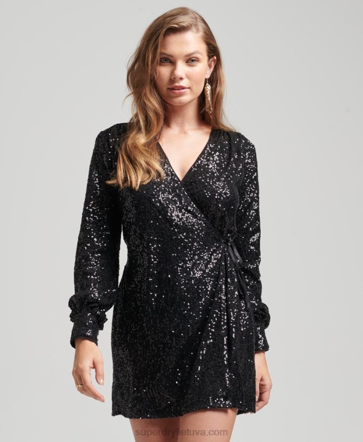 Superdry Sleeved Sequin Wrap Mini Dress Black Women