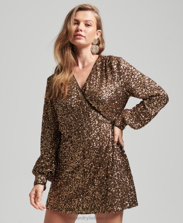 Superdry Sleeved Sequin Wrap Mini Dress Gold Women