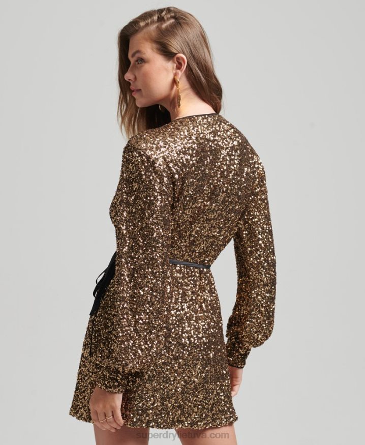 Superdry Sleeved Sequin Wrap Mini Dress Gold Women