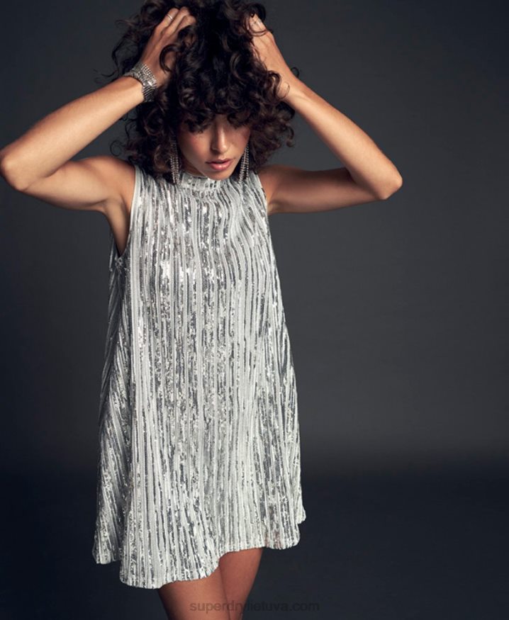 Superdry Sleeveless Sequin A Line Mini Dress Silver Women