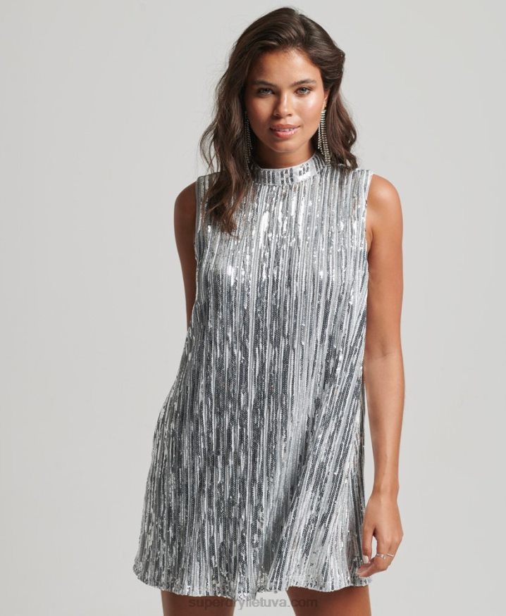 Superdry Sleeveless Sequin A Line Mini Dress Silver Women