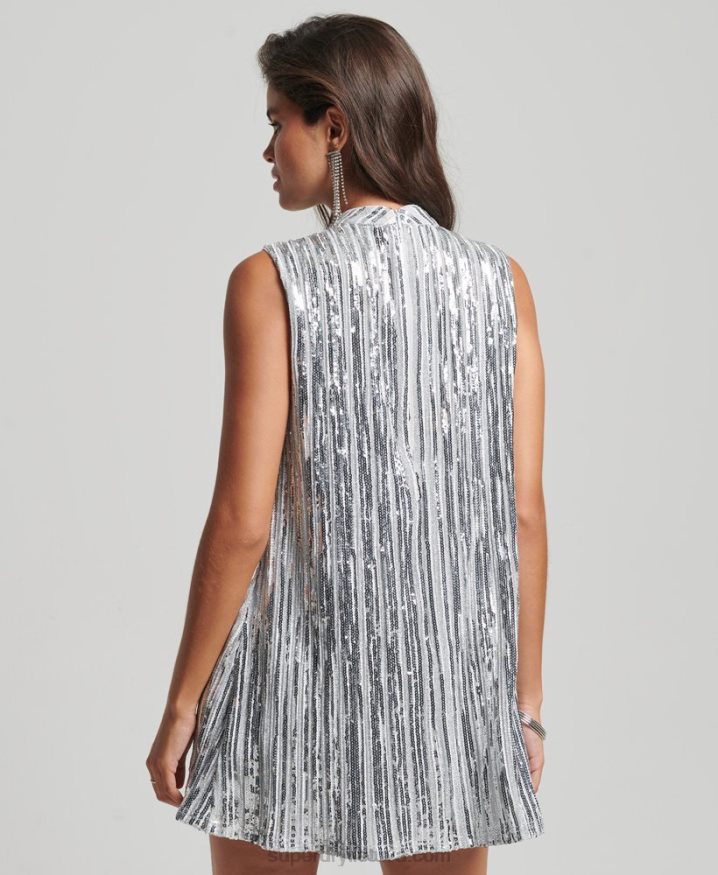 Superdry Sleeveless Sequin A Line Mini Dress Silver Women